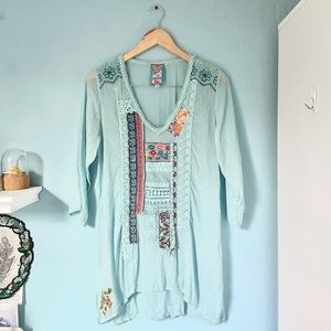 johnny was blue embroidered lace tunic top sheer rayon boho floral flowers M